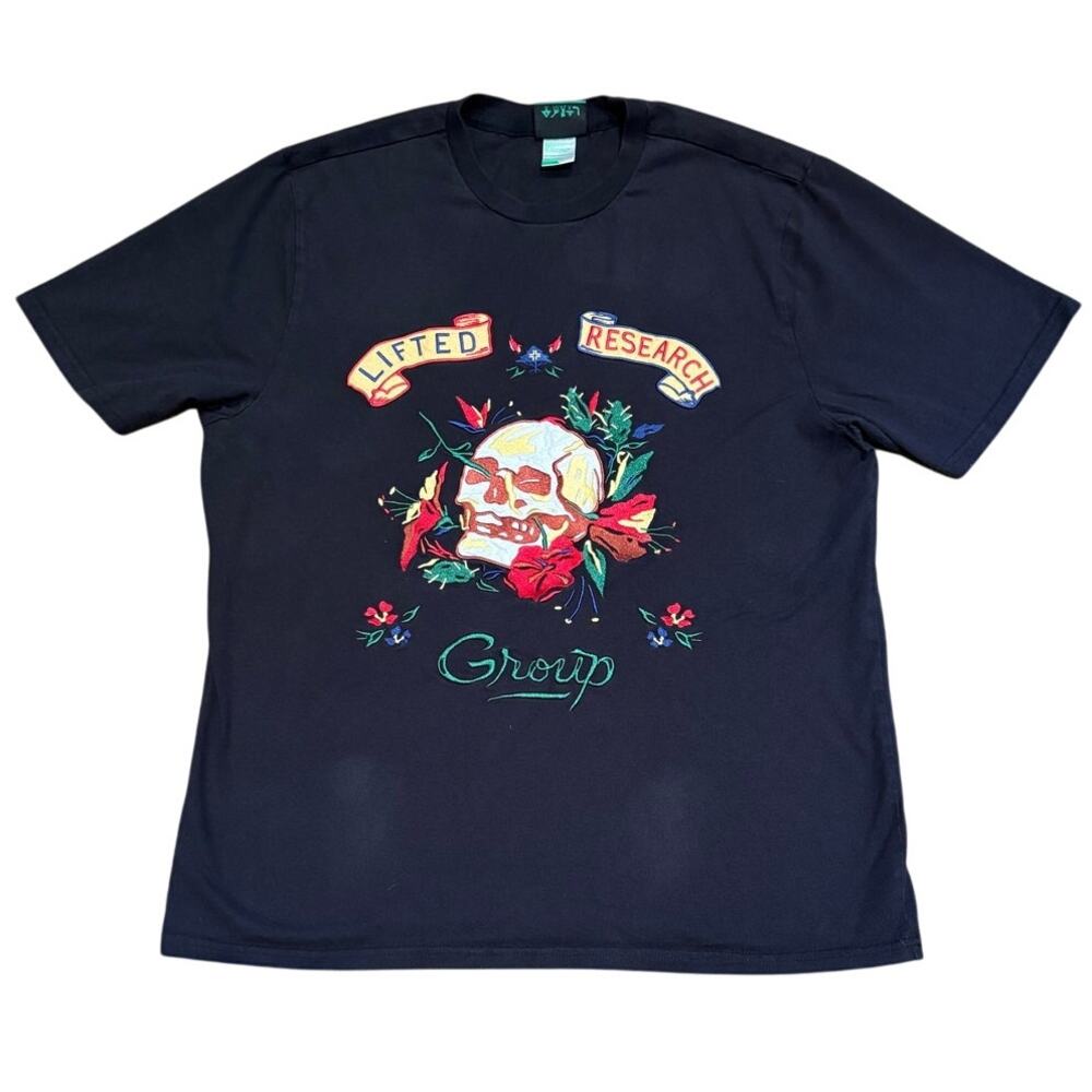 Lifted Research Group Embroidered Floral Skull Short Sleeve Black T-Shirt, Large